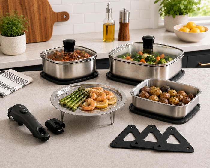 Frigidaire single-ply stainless steel cookware set in use on a stovetop in a home kitchen