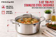 Frigidaire 5 QT Tri-Ply Stainless Steel Casserole with Pour Spouts and Straining Lid
