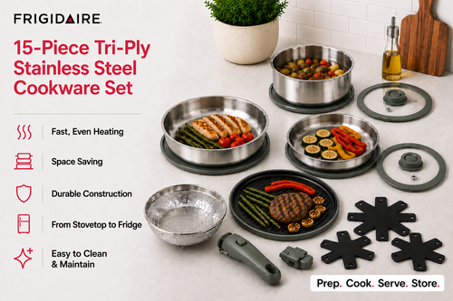 Frigidaire 15-piece cookware set infographic showing included pieces — sauce pan, fry pan, sauté pan, griddle, and steamer insert