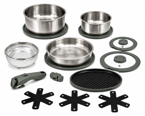 Frigidaire 15-piece tri-ply stainless steel cookware set with removable handles and griddle pan on white background