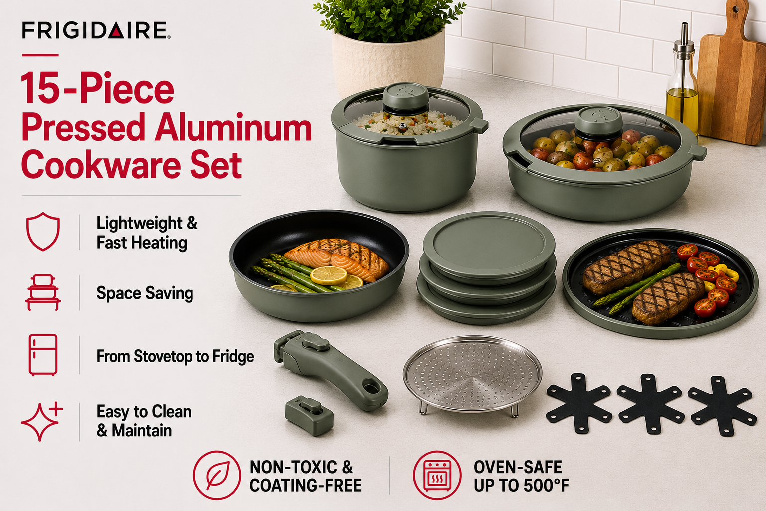 Frigidaire 15-piece pressed aluminum cookware set infographic showing included pieces - sauce pan, fry pan, saute pan, griddle, and steamer insert