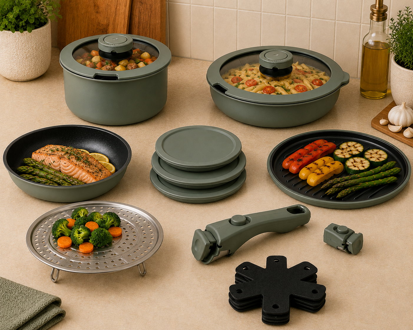 Frigidaire pressed aluminum cookware set in use on a stovetop in a home kitchen