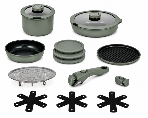 Frigidaire 15-piece pressed aluminum cookware set with removable handles and griddle pan on white background