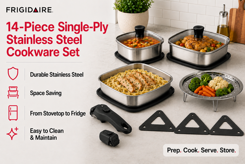 Frigidaire 14-piece cookware set infographic showing included pieces — sauce pan, fry pan, sauté pan, and steamer insert