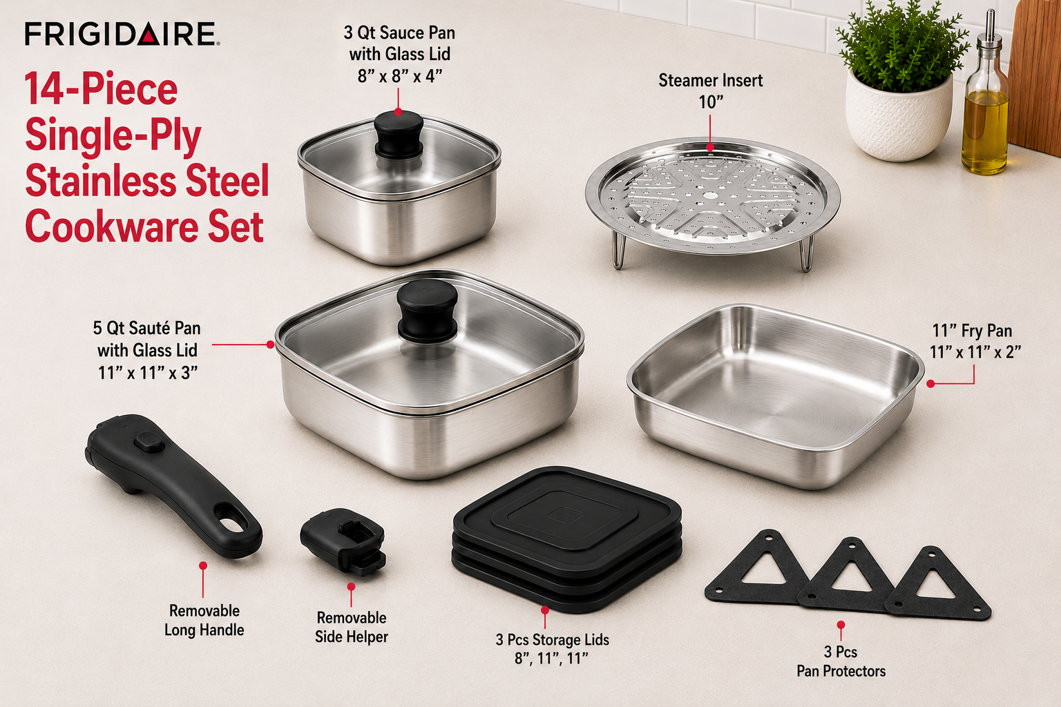 Frigidaire cookware detachable handle system showing removable long handle and side helper handle