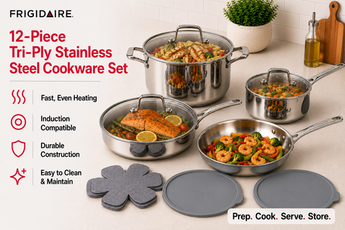 Frigidaire 12-Piece Tri-Ply Stainless Steel Cookware Set
