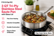 Frigidaire 3 QT Tri-Ply Stainless Steel Saute Pan with Glass Lid