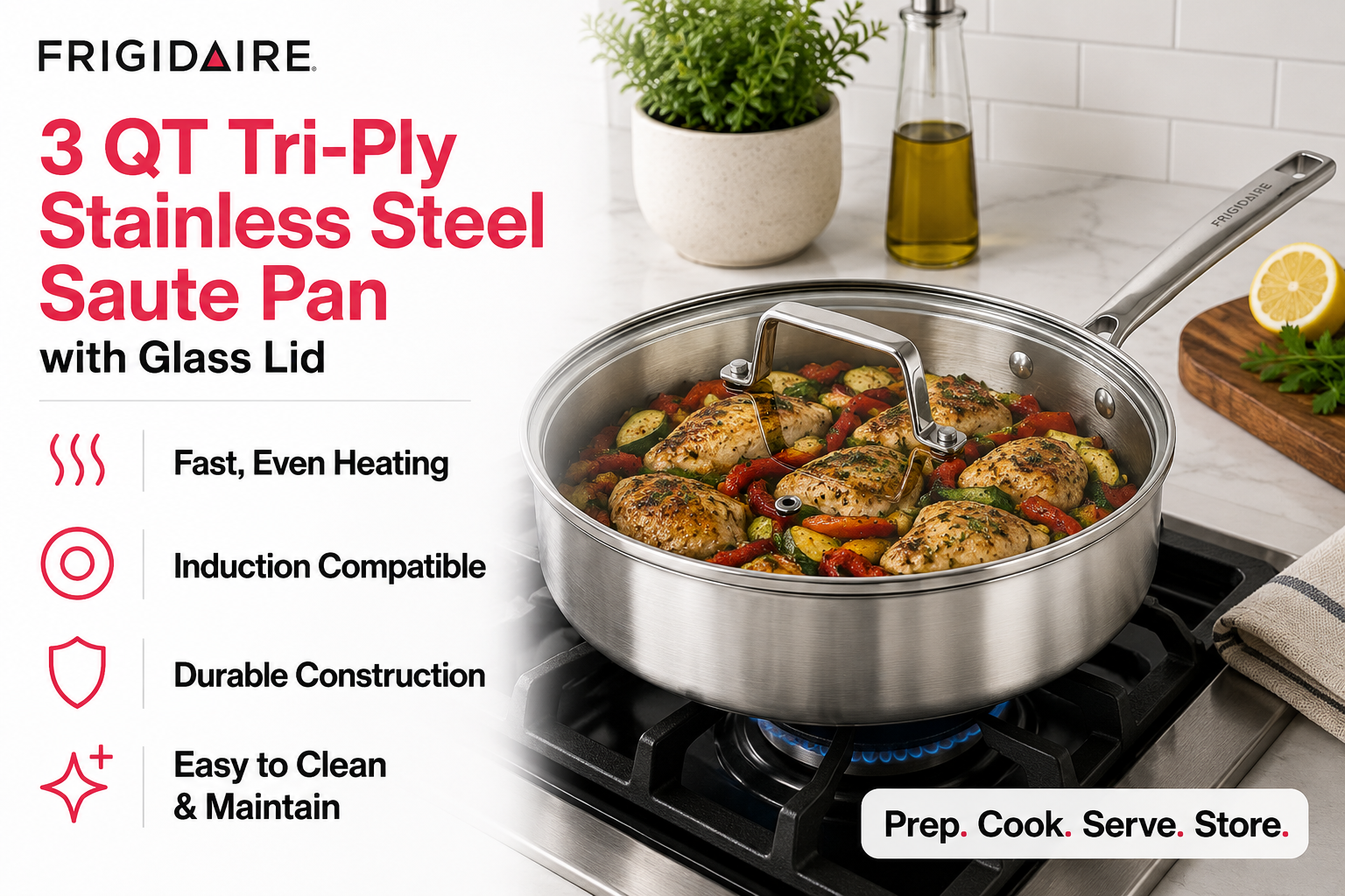 Frigidaire sauté pan key features infographic - tri-ply build, T-type glass lid, riveted handle