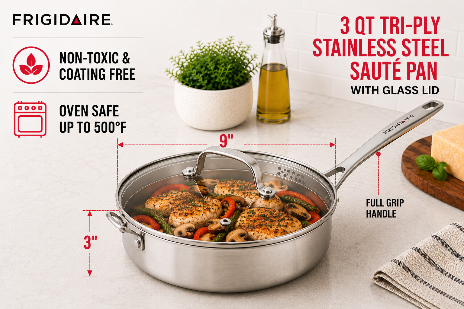 Close-up of Frigidaire sauté pan straight-edge design with high, vertical sides