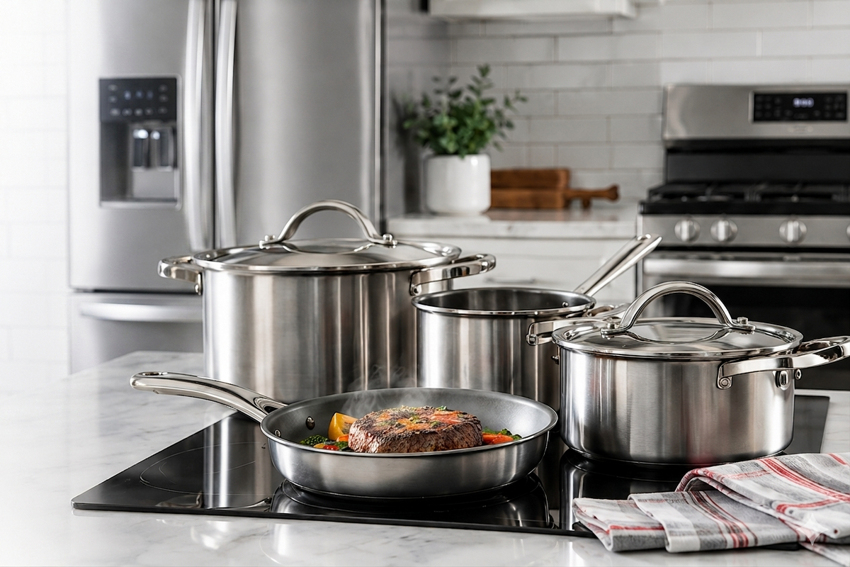 Frigidaire tri-ply stainless steel cookware set displayed on an induction cooktop in a modern kitchen, featuring a fry pan with searing steak and vegetables, two lidded saucepans, and a stockpot with glass lid