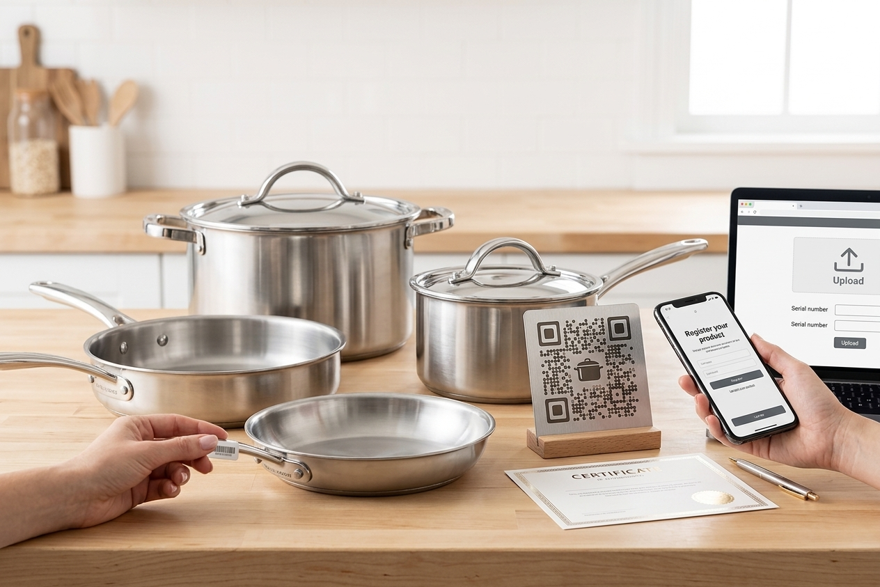Frigidaire stainless steel cookware set on a wooden kitchen counter with a product registration QR code card, smartphone showing the registration page, warranty certificate, and laptop — illustrating the easy product registration process.